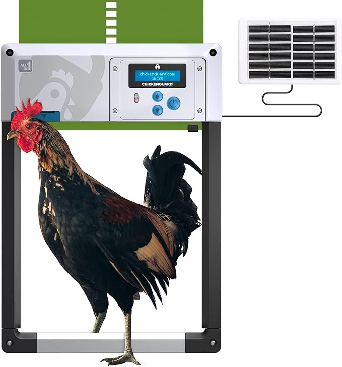 ChickenGuard Automatic Chicken Coop Door Opener, Solar/Battery Powered Poultry Door, Timer/Light Sensor Control, Predator Protection, Anti-Pinch Safety, Winter Mode, Easy Install (Green + Solar Kit)