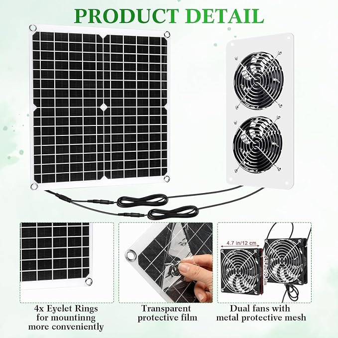2 Sets Solar Panel Fan Kit 25W 12V Solar Fans for Outside Greenhouse USB Portable Waterproof Dual Fan with Metal Shell for Inside Chicken Coop, Shed, Pet House