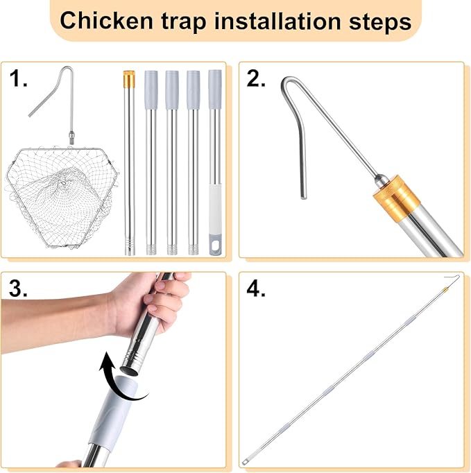 Chicken Catching Net ,30 to 75 inches Adjustable Pole Chicken Catcher Leg Hook , Suitable for Catching Small Duck,Goose,Bird,Fish, Skunk Bat and Raccoon etc（15.3 x 23.2 Inch Net with 75.5 Inch Pole）