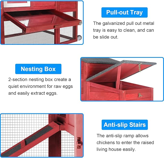 PetsCosset Chicken Coop Backyard Chicken House - Wooden Tractor Poultry House for Outdoor, with Chicken Nesting Box, Wheels, Waterproof Roof, Pull Out Tray
