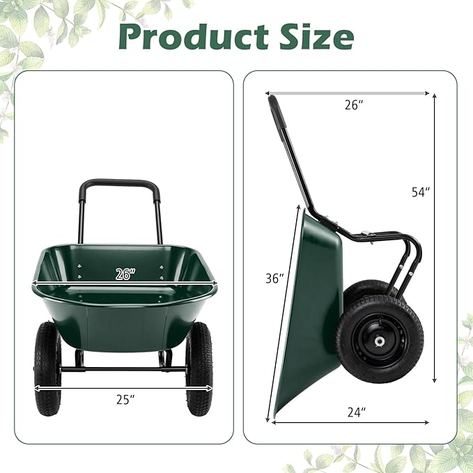 IRONMAX Dual-Wheel Wheelbarrow, Heavy Duty Wheel Barrel with All-Terrain Wheels, 330 LBS Utility Yard Cart with Built-in Stand, Outdoor Gardening Carts for Lawn, Farm, Planting (Dark Green)