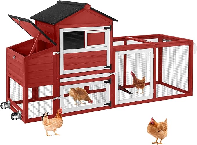 Large Chicken Coop with Wheels, Outdoor Wooden Hen House with Run & Nesting Box, for 3-5 Chickens, Waterproof Asphalt Roof, Leakproof Tray, Expandable Poultry Cage-Red