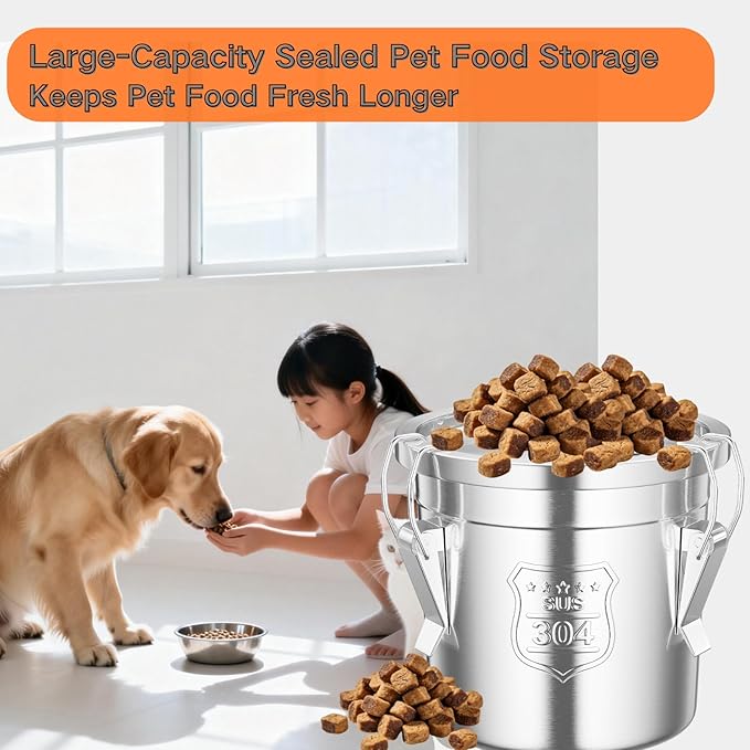 Stainless Steel Dog Food Storage Container 6L/1.59Gal Airtight Pet Food Storage Container with Lid to Keep Fresh Large Pet Food Storage with 3 Locking Latches for Cat Food Chicken Feed Rice Easy Clean