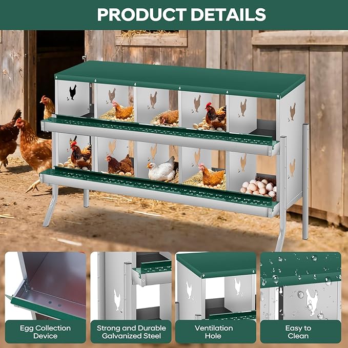 GarveeLife Chicken Nesting Box, 10 Compartments Nesting Box for Chickens, Two-Tier Galvanized Steel Chicken Egg Laying Box with Large Vented Holes Wall Mounting for Easy Egg Collection