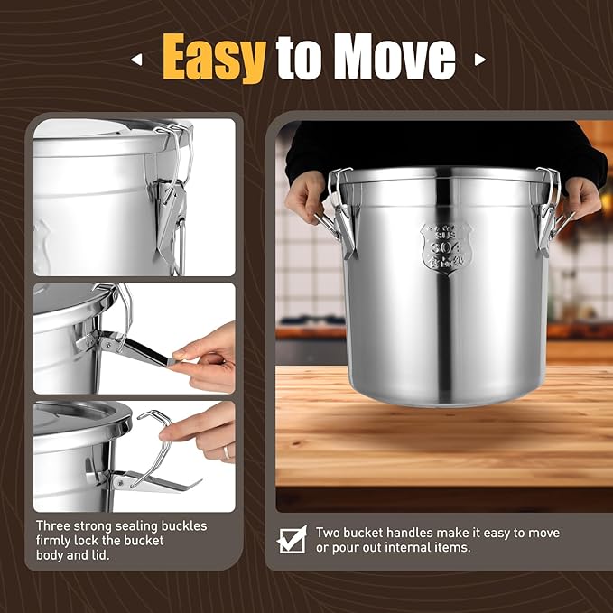 304 Stainless Steel Airtight Canister with Lid & Locking Clamp, 33L/1115OZ Flour Container for Kitchen, Food Storage Container Metal Bucket for Rice, Flour, Grain, Coffee Bean