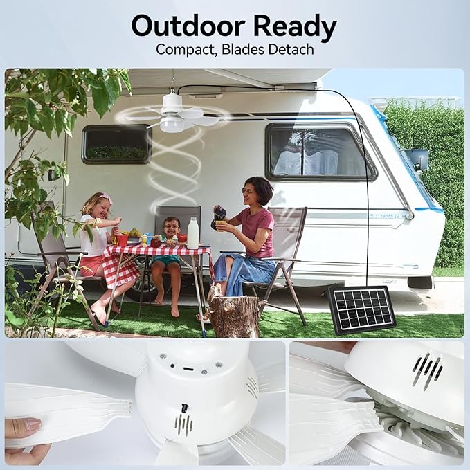 Portable Solar Ceiling Fan with Light & Remote, Dual Type-C/Solar Charging, 3CCT, 5 Brightness, 3 Speeds, 2/4/8H Timer, Tool-Free Setup, 30dB Quiet, Memory Function, 18.5" for Camping, Outdoor