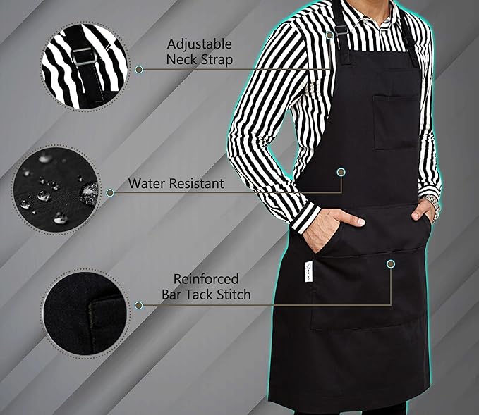 RUVANTI Work Apron for Men, Oil & Water Repellent, Poly Cotton Cross Back Aprons for Women with Pockets, Adjustable up to XXL