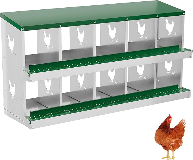 Metal Nesting Boxes for Chickens - 10 Compartments Chicken Roosting Boxes, Chicken Coop Nest Box with Perch & Lid - Versatile Wall Mount or Free Standing for Backyard Flocks, Homesteads, Farms