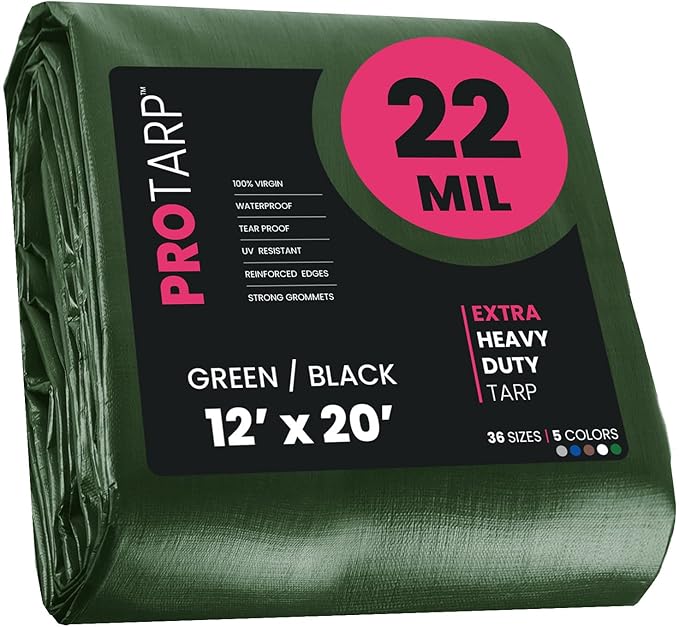 PROTARP Extreme Heavy Duty 22 Mil Tarp Cover, Waterproof, UV Resistant, Rip and Tear Proof, Poly Tarpaulin with Reinforced Edges for Roof, Camping, Patio, Pool, Boat. (Green/Black 12′ X 20′)