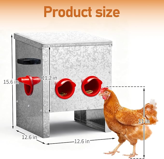 Outvita Metal Chicken Feeder 25 Pounds 4 Ports, No Waste Automatic Chicken Feeder, Metal Poultry Feeder with Handle for Chickens Duck Bantams Pheasants Poultry Coop Weatherproof, Rodent Proof