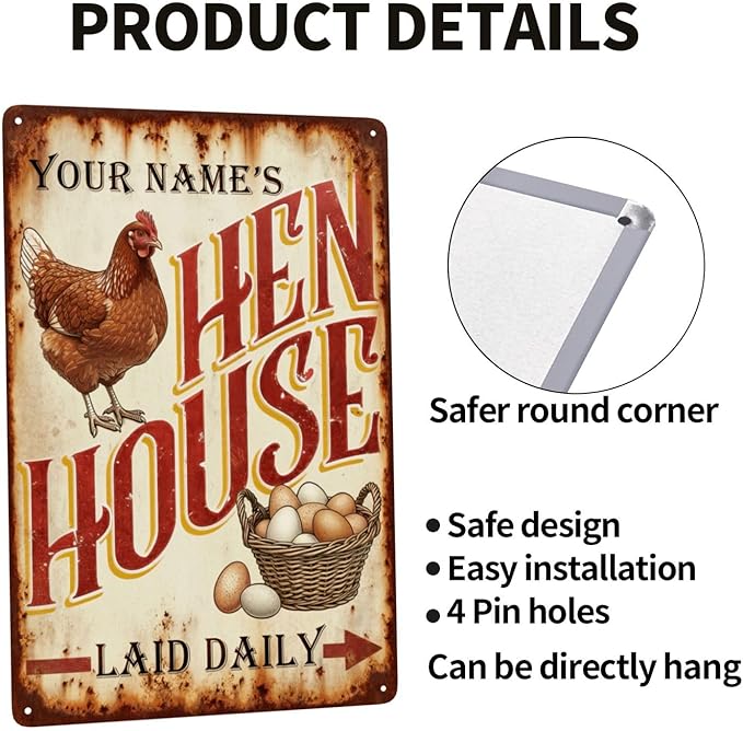 Custom Name Hen House Tin Sign, Personalized Vintage Style Chicken Coop Sign Decor, Rustic Farmhouse Metal Plaque, Ideal Farmhouse Decor for Coops & Home