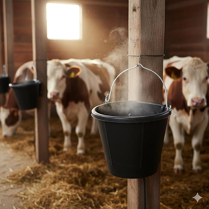 Farm Innovators FB-15R Heated Flat-Back Rubber Bucket, Hanging Water Bucket with Built-in Thermostat and 90W Cord, 18 Quarts
