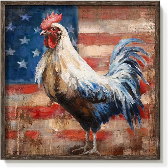 Rooster Wooden Wall Art Decor: Farm Animal Picture Country Cock Flag Framed Artwork Farmhouse Chicken Painting is the Perfect Combination of Energy Nature for the Kitchen Country House 20"x20"