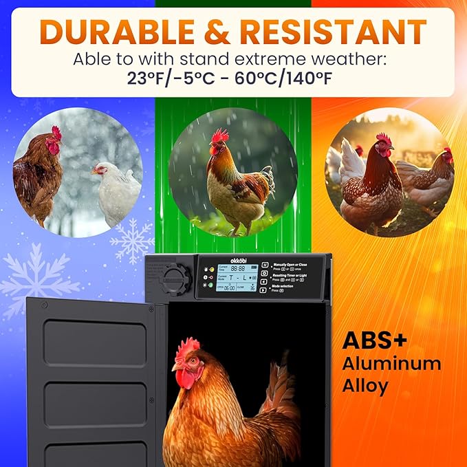 Automatic Chicken Coop Door PRO - Light Sensor & Timer - Anti-Pinch Function - Wide Opening - New Model - Solar Powered with LCD Display - 5 Year Protection
