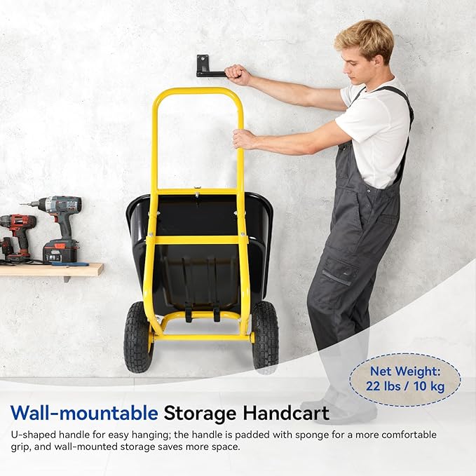 Dual Wheel Garden Wheelbarrow,Heavy Duty Yard Cart with 10“/15" Pneumatic Tires, Rustproof Poly Tray & Steel Handle, 300 lbs Capacity Utility Cart for Lawn, Farm, and Landscaping (Yellow+Black-10“)