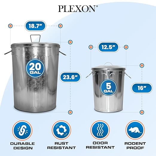 Plexon 20 Gallon Metal Trash Can and 5 Gallon Small Metal Trash Can with Lids Heavy-Duty Outdoor and Indoor Set for Storage Ash Bucket Bird Seed and Farm Use, Bundle
