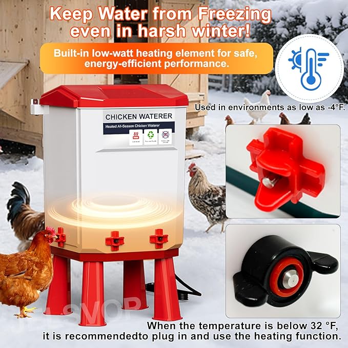 Heated Chicken Waterer, 11L Winter Chicken Water Heater Bucket with 4 Nipple Drinkers, Anti-Freezing, Winter and Summer Dual-use, Automatic Heated Poultry Drinker for Coop (Red)