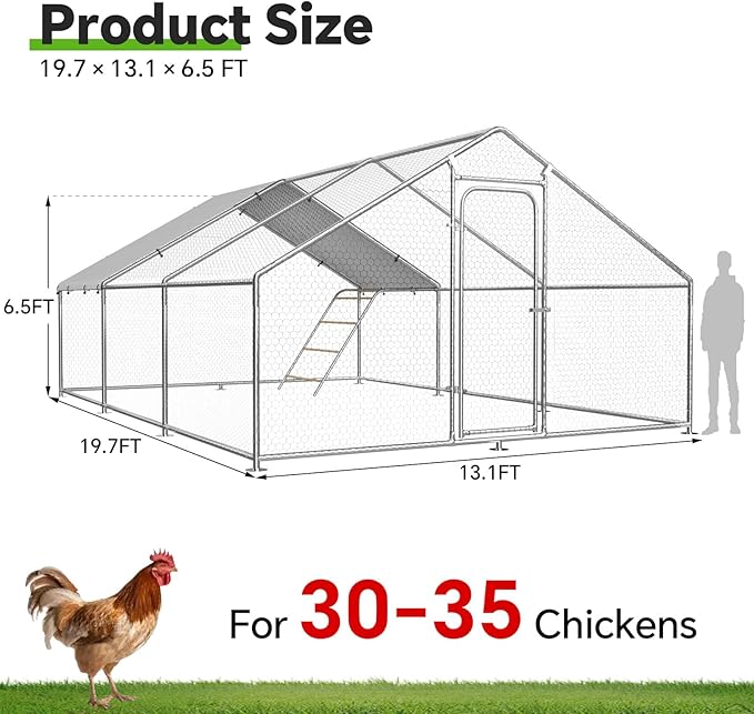 Large Metal Chicken Coop Run with Roosting Perch, Outdoor Waterproof & UV-Resistant Cover for Chickens, Ducks, Rabbits, and Hens in Yard or Farm Use Spire Roof (13.1'Wx19.7'Lx 6.5'H)