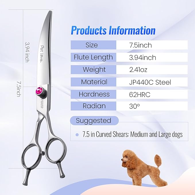 Curved Dog Grooming Scissors 7.5 inch Professional Curved Shears Dog Grooming for Poodle Large Dogs Pet 30 Degree Japanese 440C Right Handed Super Sharp Purple Diamond(7.5,Curved)