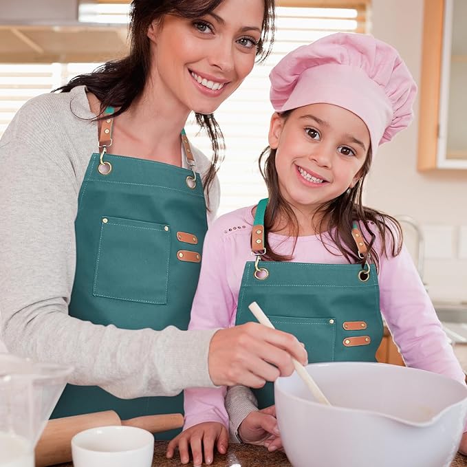 Unisex Aprons with Large Pockets,Cotton Canvas Cross Back Heavy Duty Adjustable Work Apron,Size Kids to Adult