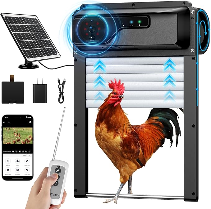 Automatic Chicken Coop Door with HD Camera, Talkback Function, 5000mAh Battery, WiFi Enabled, APP-Based Monitoring, Remote Control and Timer, Solar Powered Auto Chicken Door with Anti-Trap Sensor