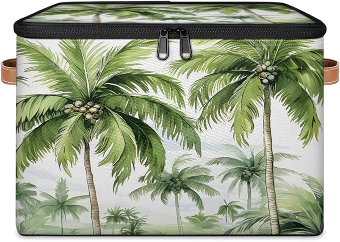 Palm Tree Storage Bins with Lids, Tropical Trees Fabric Storage Boxes with Zipper, Collapsible Decorative Closet Organizer Cube for Clothes, Organizing, Shelves