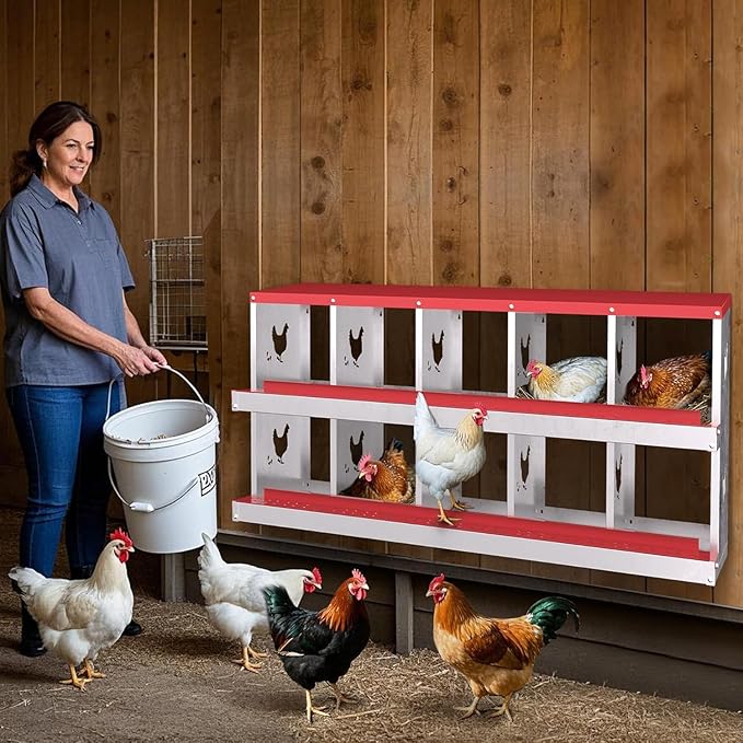TrailBlaze Chicken Nesting Box 10 Compartments Laying Boxes, Metal Chicken Egg Laying Box with Rollout Egg Collection, Large Vented Holes Chicken Coop for Chickens, Hens (Red)