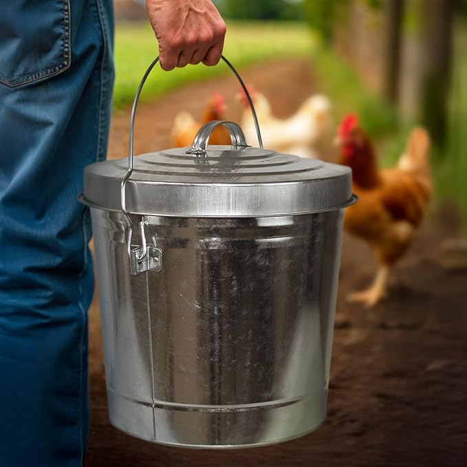 Plexon 8.8 Lb Poultry Feeder Stainless Steel Hanging Chicken Feeder no Waste Food-Grade with 6 Gallon Galvanized Storage Bucket with Locking Lid for Bird Seed Chicken Feed, Bundle