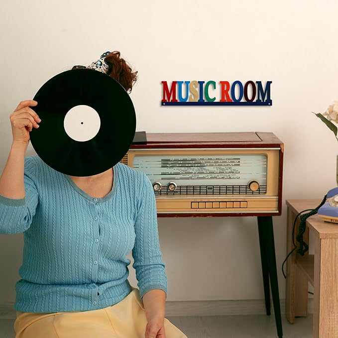 Metal Music Room Sign Wall Decor, Vintage Music Signs Home Decor, Musical Decor for Bedroom Living Room Man Cave Studio, Musical Gifts 3.7 x 14.5 inches