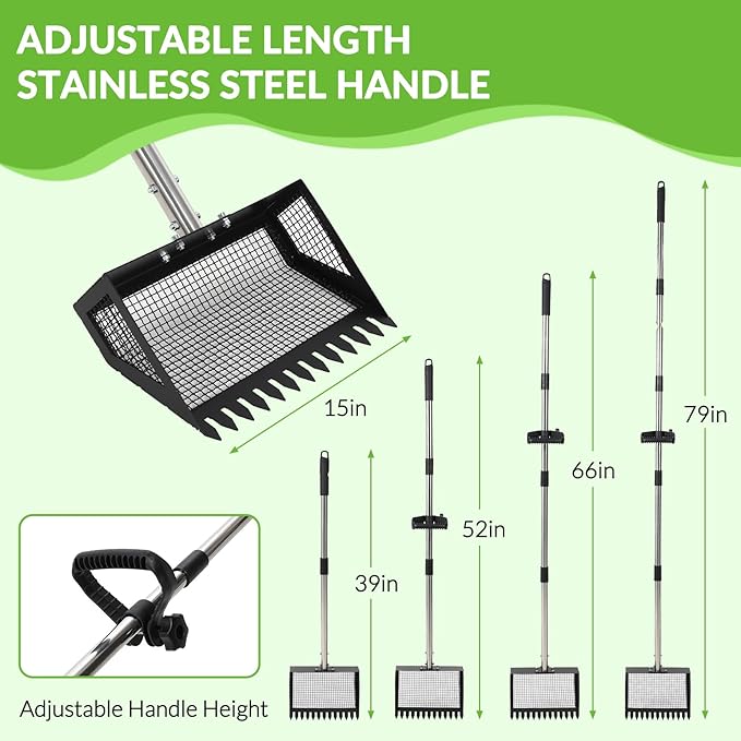 Garvee Chicken Poop Scooper and Rake 2-in-1, 15'' Wide Chicken Coop Scoop with 24'' - 68.8'' Adjustable Handle for Pet Waste Cleaning, Metal Sifting Shovel, Heavy Duty Cleaning Tools, Black