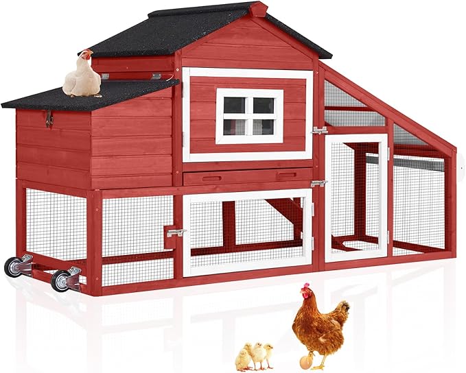 Aivituvin Mobile Chicken Coop with Wheels for 2-4 Chickens, Backyard Expandable Chicken House Duck Cage with Run, 2 Nesting Boxes, Easy Clean Pull-Out Tray, Leak-Resistant Asphalt Roof, 72.3"(Red)