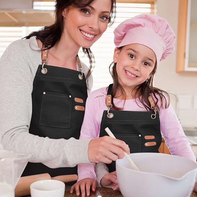 Unisex Aprons with Large Pockets,Cotton Canvas Cross Back Heavy Duty Adjustable Work Apron,Size Kids to Adult
