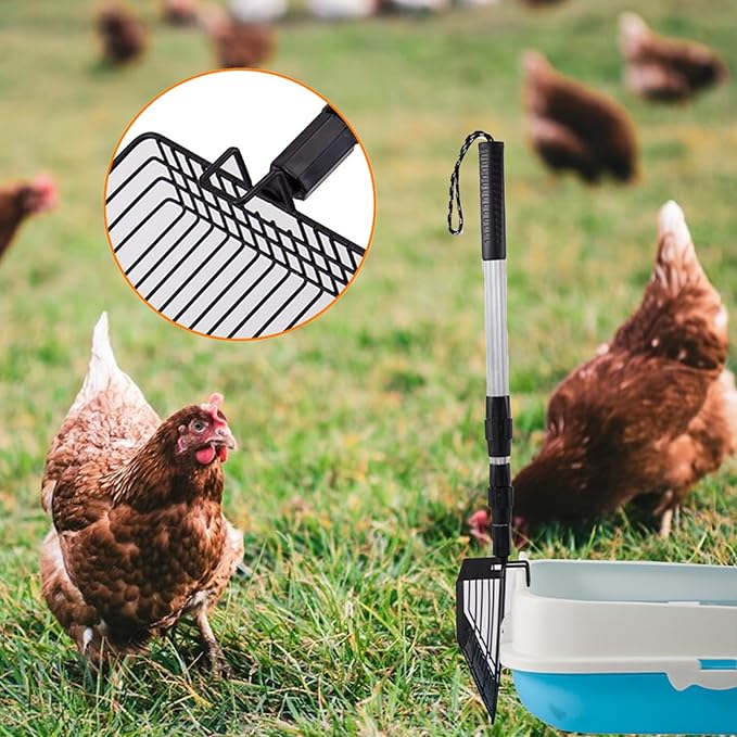 MOTUZP Chicken Poop Scooper Chicken Coop Rake Large Metal Chicken Coop Cleaning Tools 3-in-1 Stretchable Chicken Poop Scooper (22 to 42 in) for Chicken Coop Cleaning Supplies (Black)