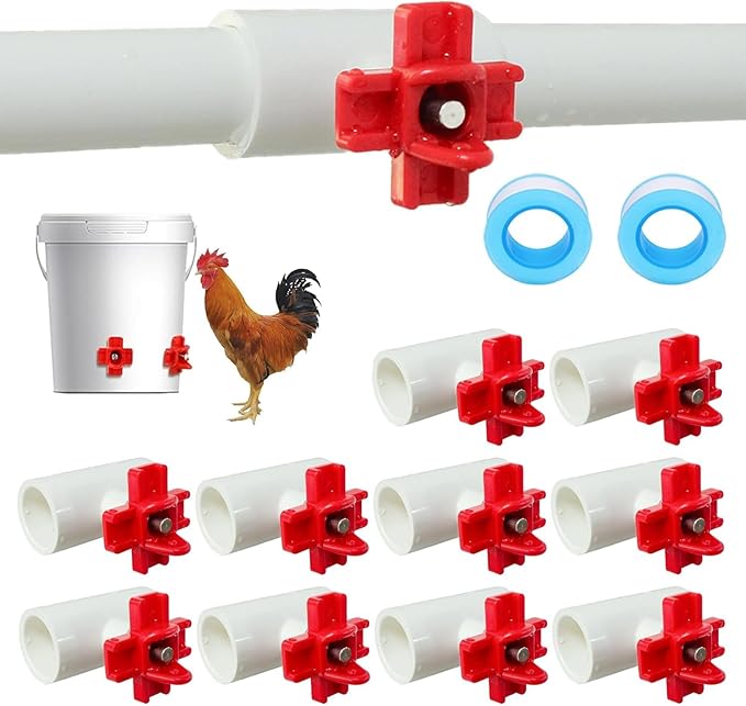 Automatic Chicken Waterer for Ducks Quail Bird Outdoor, Plastic Chicken Water Feeder Bowls Poultry Water Feeder Kit for Chicks, Duck, Goose, Turkey and Bunny (White and Red, 10 Pack)
