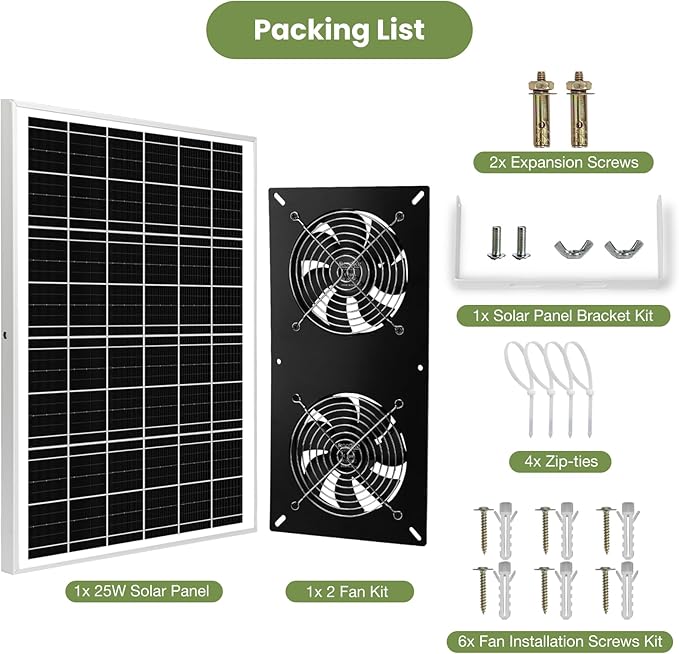 Solar Powered 2 Fan Kit, 25W High Velocity Waterproofed Solar Exhaust Fans for Outdoor Greenhouse Chicken Coop Shed Pet House