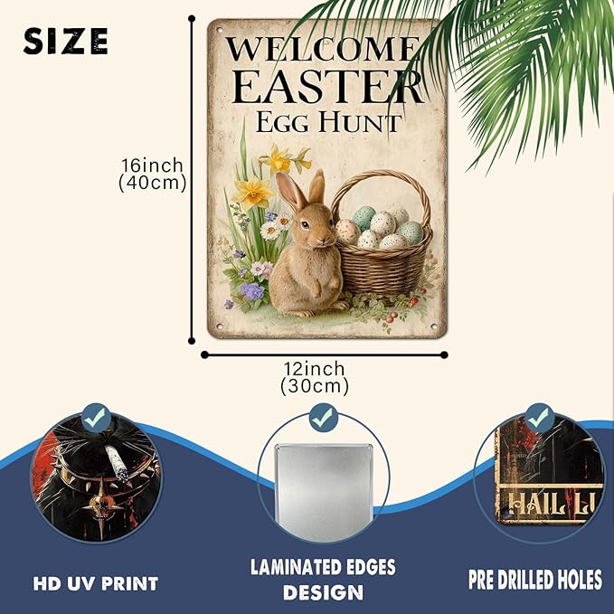 Easter Bunny Vintage Tin Sign Welcome To Our Egg Hunt Metal Sign Suitable For Gardens, Homes, Apartment Walls 12X16Inch