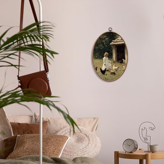 Yorhifa Vintage Rustic Farmhouse Framed Wall Art, Cottagecore Country Farm Girl and Chicken Oval Wall Art, Farmhouse Farm Life Oval Walls Decor, Pastoral Canvas Artwork Hanging Decor, 8.5x11.5in
