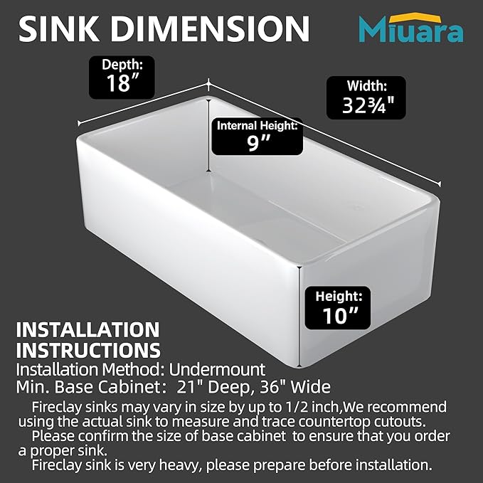 Miuara Farmhouse Sink 33 Inch - Apron Front Kitchen Sink Reversible 33"x18"x10", Undermount Installation, Farm House Style Single Bowl, Solid Fireclay, Glossy White, for Kitchen