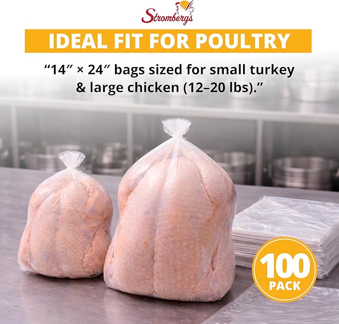 Stromberg's Small Turkey Heat Shrink Bags, Large Chicken Poultry Freezer Storage Bags, 14" x 24" Food Safe 65 Micron Shrink Wrap for Water Dip Sealing, Minimizes Freezer Burn & Punctures, 100 Pack