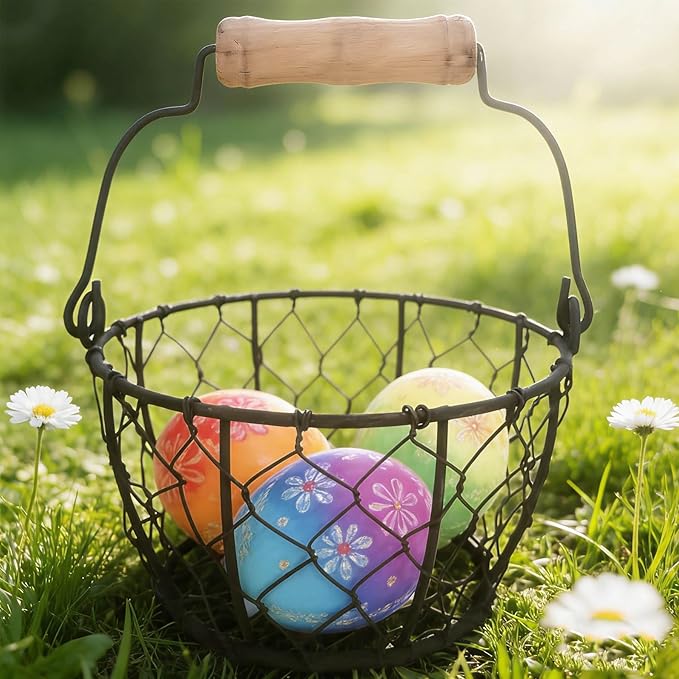 Small Wire Egg Collecting Basket with Handle, Mini Rustic Farmhouse Chicken Wire Egg Basket for Gathering Fresh Eggs from Coop, Vintage Countertop Holder for Easter Egg Hunt, 2 PCS