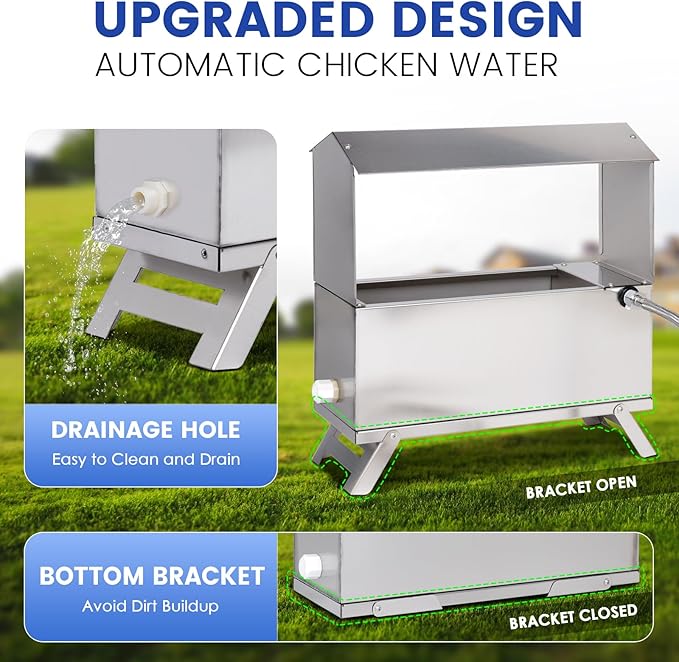 1.6 Gal Automatic Chicken Waterer Stainless Steel Poultry Waterer Dispenser with Float Valve Kit and Bottom Bracket Chicken Waterer Feeder for Hen Duck Goose Turkeys