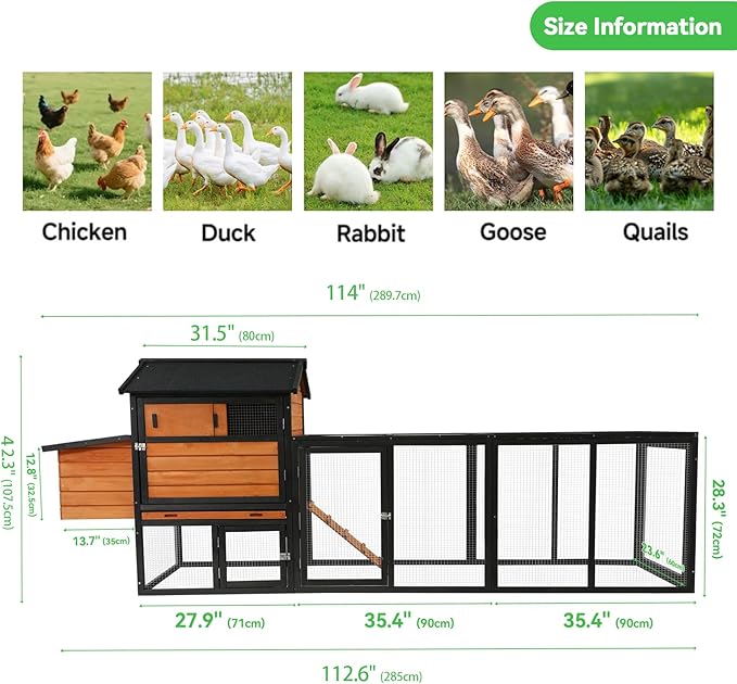 Chicken Coop with Run,Large Outdoor Chicken House with Nesting Box for 2-6 Chickens,Outdoor Wooden Hen House Poultry Pet Hutch Run Cage (Brown+Black)