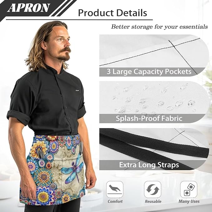 Waist Apron with 3 Pockets Waterproof 13 Inch Short Half Waist Aprons Women Men Server Aprons Waitress Waiter Apron