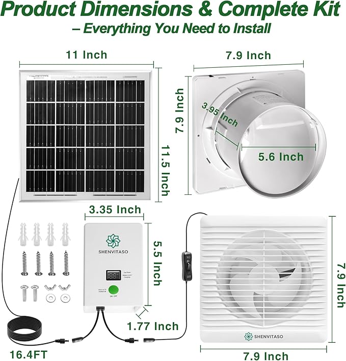 Solar Exhaust Fan with 7500mAh Battery & LCD Display, 25W Solar Panel Vent Fan for Chicken Coop, Greenhouse & Shed, 6" Solar Powered Ventilation Fan, 380 CFM, Ultra Quiet, Day & Night Cooling