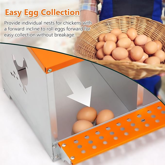 4-Bay Metal Nest Box for Chickens Wall Mount, Galvanized Steel Hen Laying Box with Hen-Shaped Vent Holes, Includes Coconut Fiber Pad, Easy to Clean & Assemble (Orange/Silver)