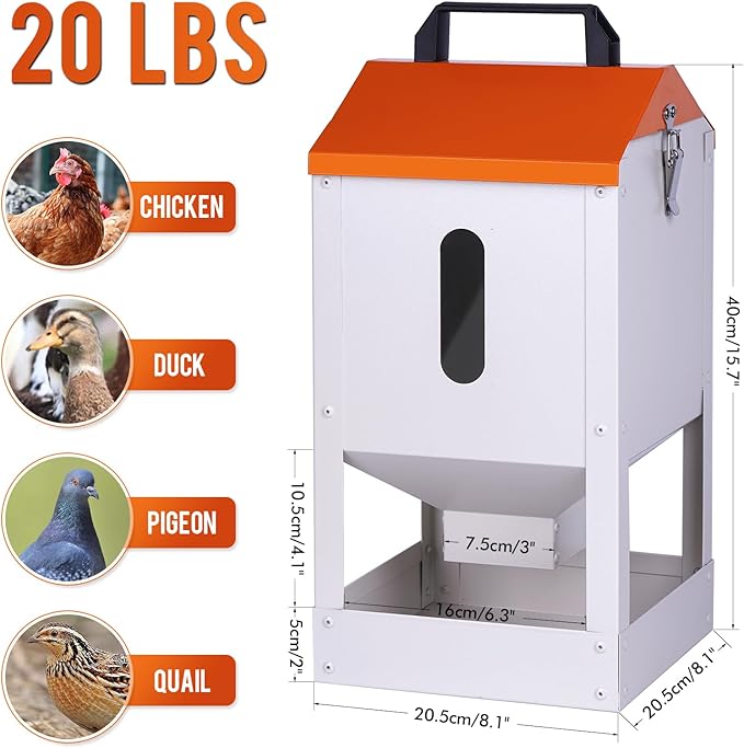 Galvanized Automatic Chicken Feeder No Waste 20lbs Large Metal Chicken Feeders Trough Dispenser Outdoor Poultry Feeders with Visual Window and Weatherproof Lid for Chickens Ducks Geese Turkeys Quails