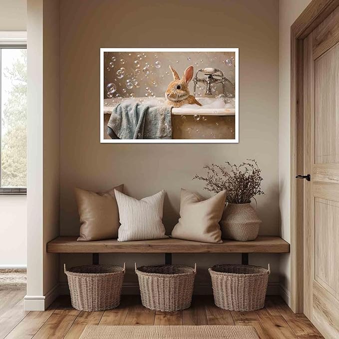 MNFGMH Easter Bathroom Print Vintage Style Bunny in Bathtub Poster for Wall Rustic Farmhouse Easter Wall Art Canvas Roll 20x30 inch
