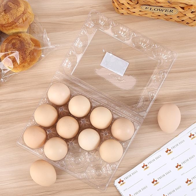 Egg Cartons 60 Pieces, Egg Cartons Cheap Bulk, Eggs 12 Count, Clear Plastic Reusable Egg Tray Container Holder for Family Pasture Chicken Farm Refrigerator Storage, Business Market with Sticker Labels