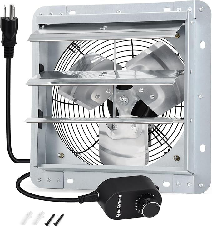 Criditpid 12 Inch Shutter Exhaust Fan, High Speed 970CFM, Wall Mounted Exhaust Fan with Speed Controller and Power Cord for Greenhouse, Garages, Shed, Barn, Basement, Shops, Chicken Coop Ventilation
