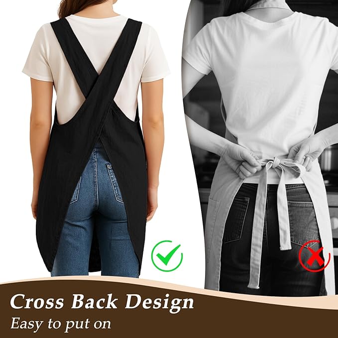 Apron for Women with Pocket Cotton Linen, Japanese Cross Back Apron for Gardening Painting